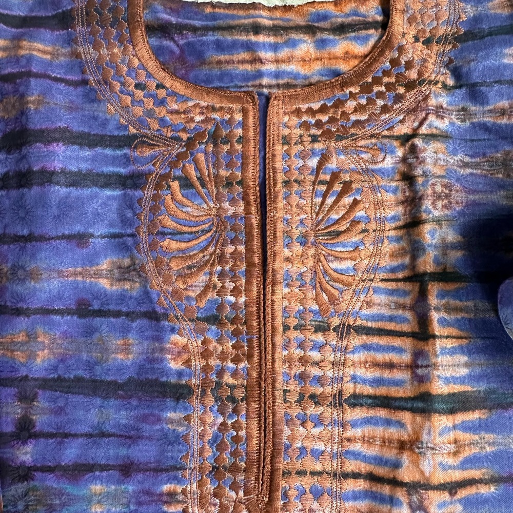 African Print Kaftan Top, Purple & Bronze Brown, Embroidered, Joyous, One Size